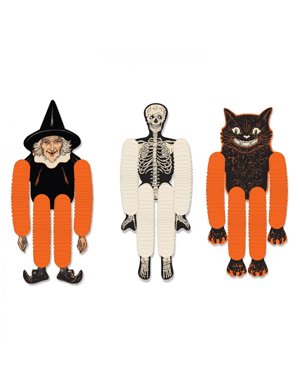 Fantoches de papel para pendurar halloween, bruxa e esqueleto para decoração cor de laranja, preto e branco com gato preto