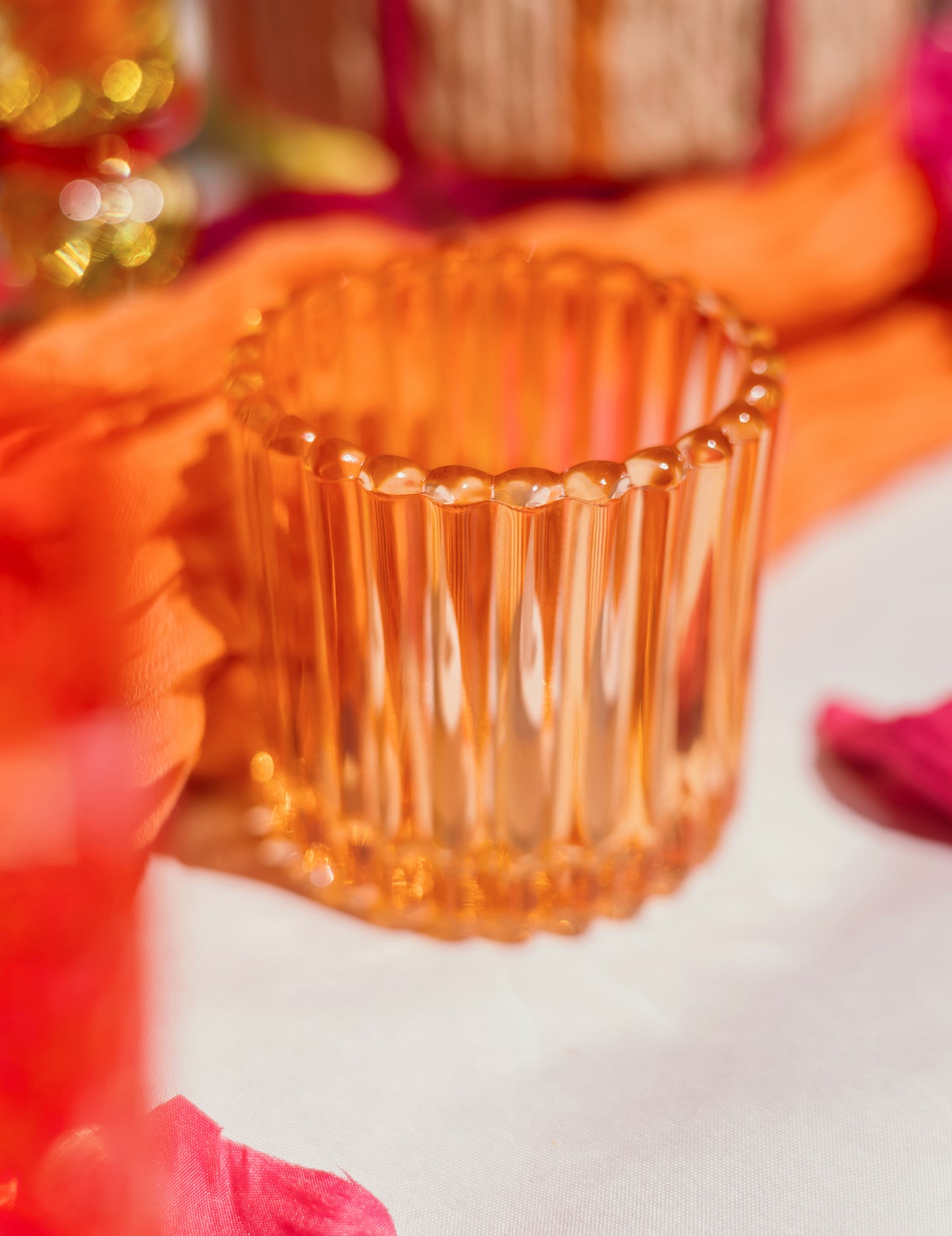 3 castiçais de vidro cor-de-rosa, laranja e amarelo 7.5 cm