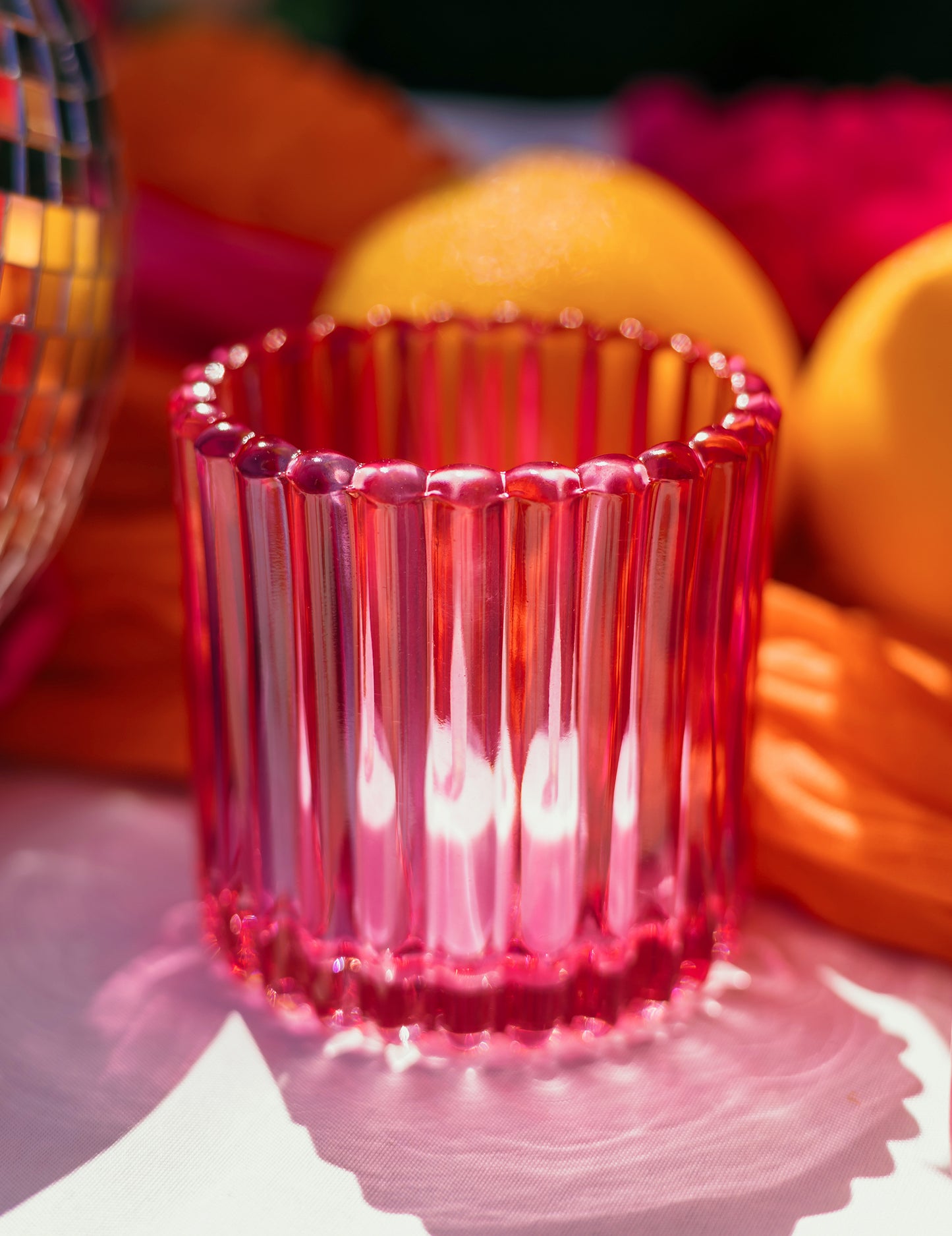 3 castiçais de vidro cor-de-rosa, laranja e amarelo 7.5 cm