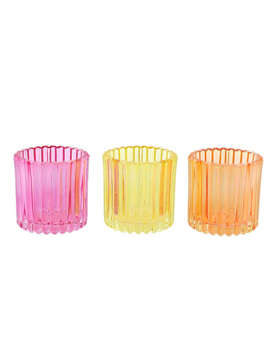 3 castiçais de vidro cor-de-rosa, laranja e amarelo 7.5 cm