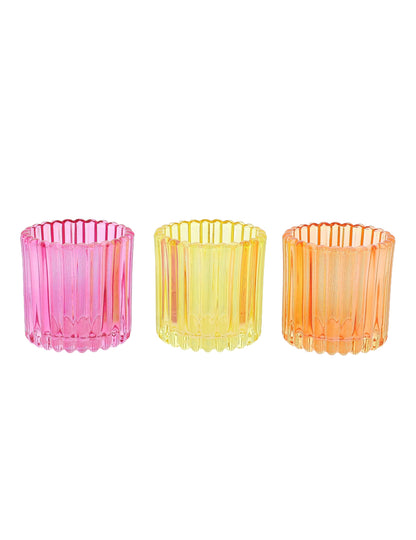 3 castiçais de vidro cor-de-rosa, laranja e amarelo 7.5 cm