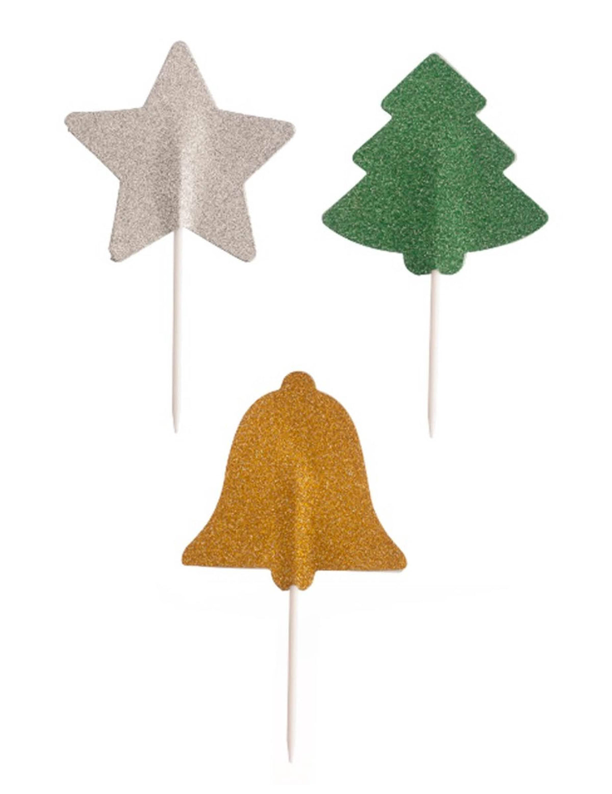 Espetos de papel com glitter de natal para decoração de festa prateado verde e dourado pinheiro estrela sino