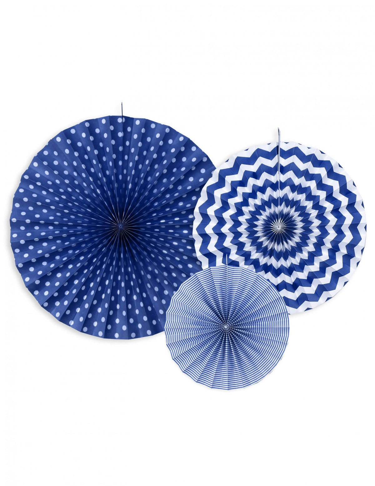 3 rosáceas em papel azul marinho com motivos para decoração azul marinho às bolinhas e às riscas