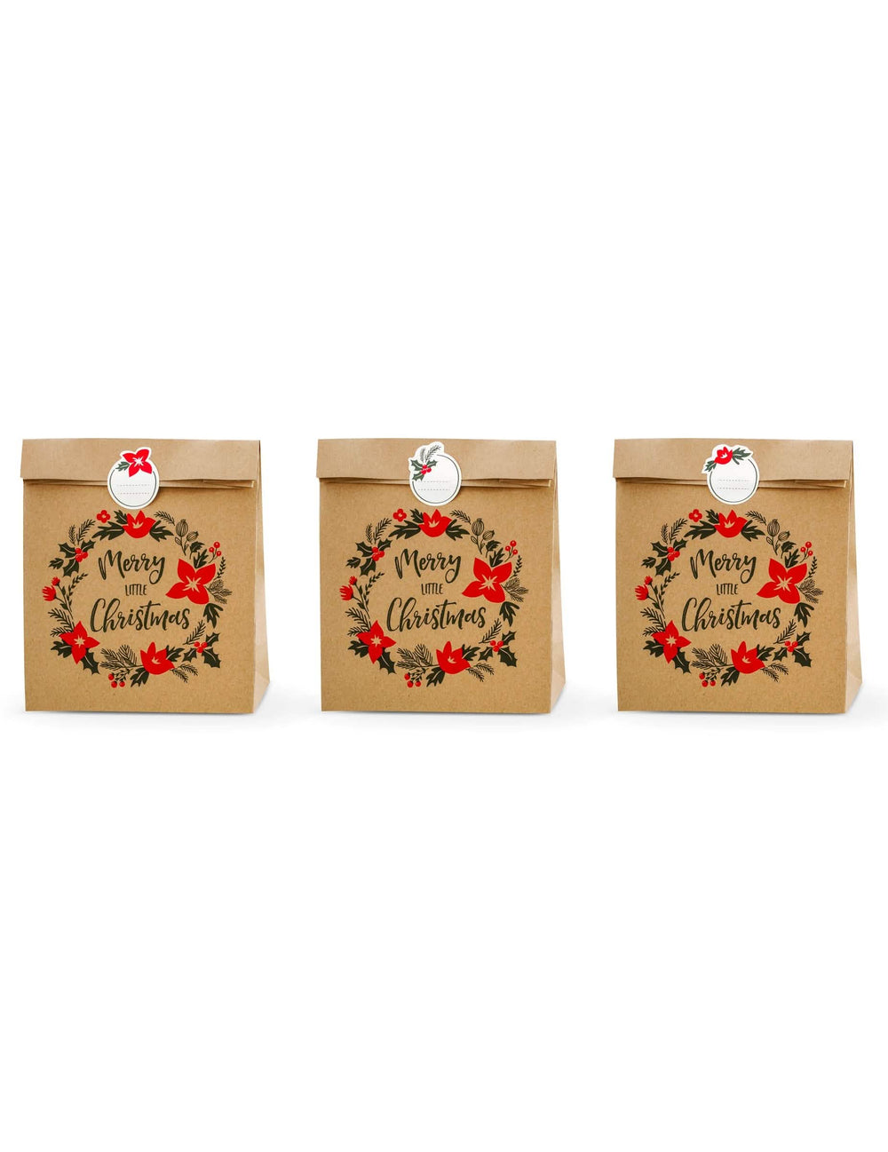 sacos de prenda Merry little christmas para natal em kraft castanho com autocolantes