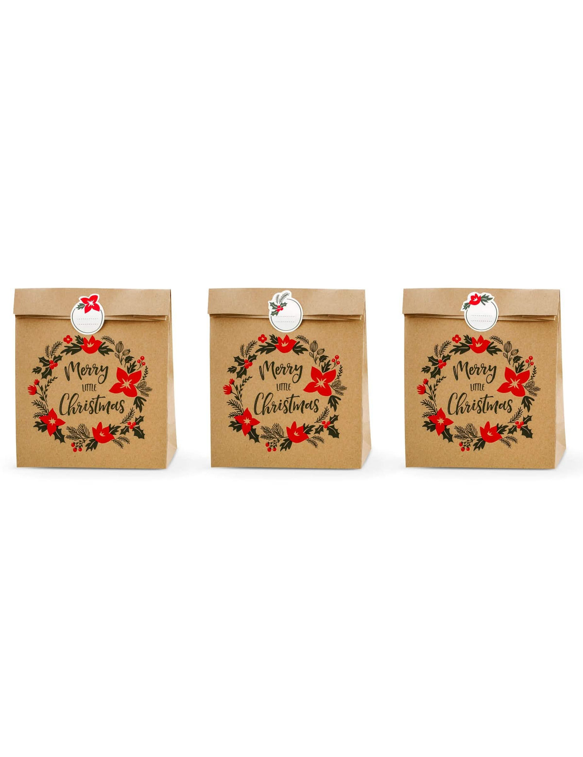 sacos de prenda Merry little christmas para natal em kraft castanho com autocolantes