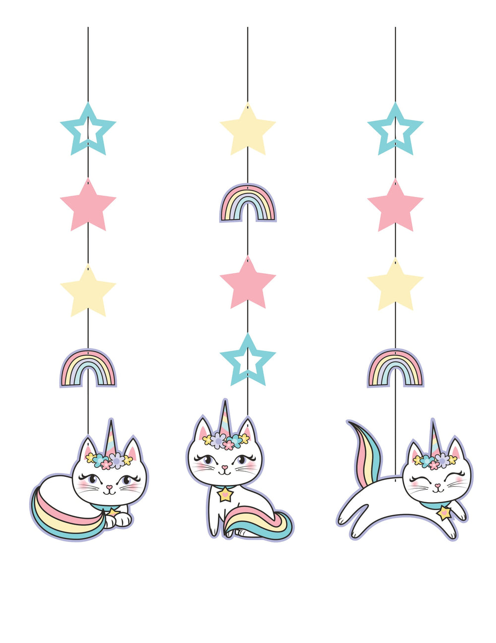 Suspensions en carton caticorn pour anniversaire pastel avec étoiles et arcs-en-ciel