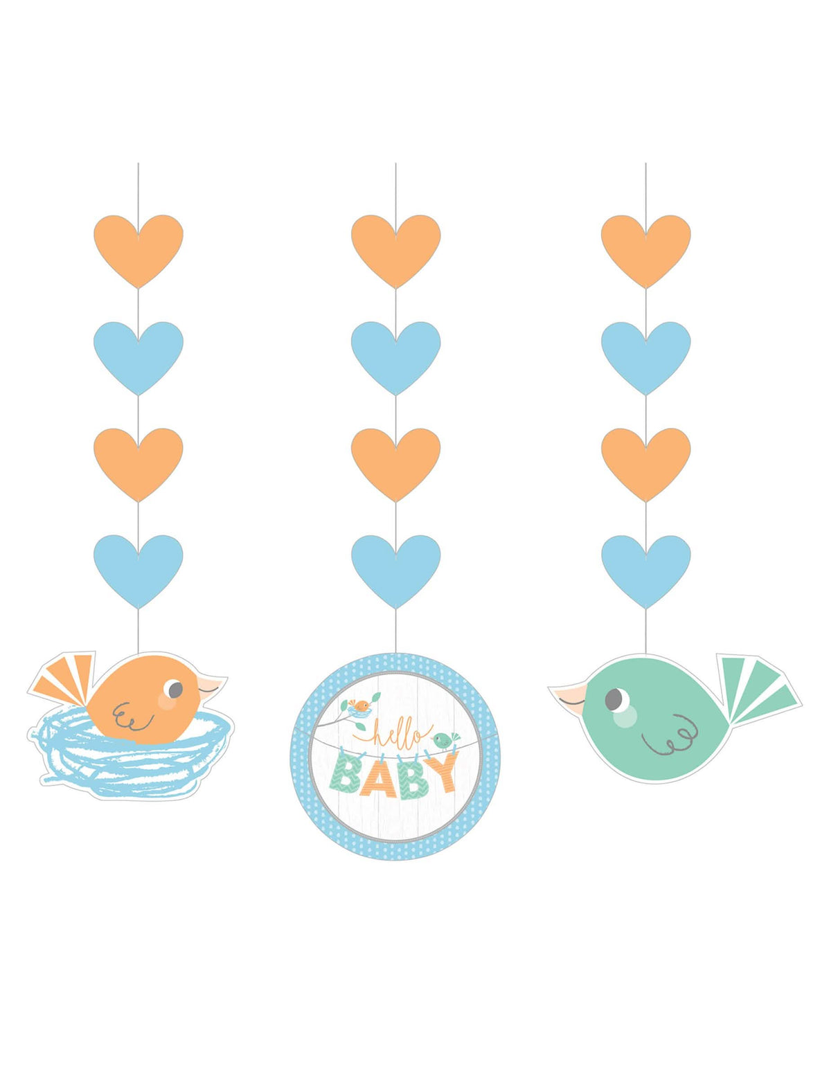3 suspensões em papel Hello Baby para baby shower azuis e cor de laranja com pássaros e corações
