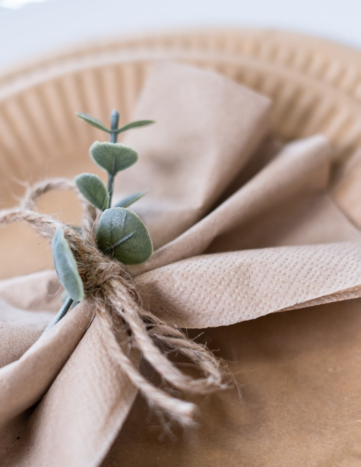 Détail du pliage avec eucalyptus des serviettes en papier kraft pour fête