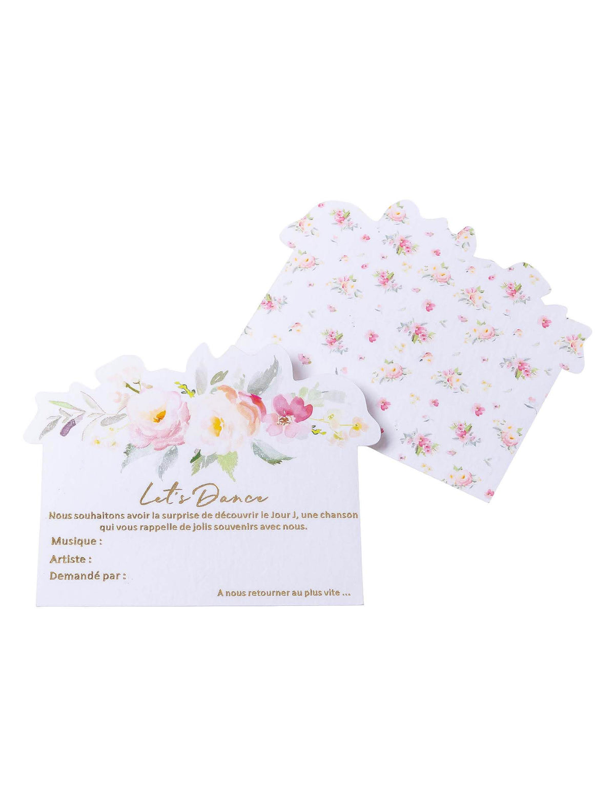 Cartões em aguarela Let's Dance para animação de casamento com motivo floral cor de rosa com dourado