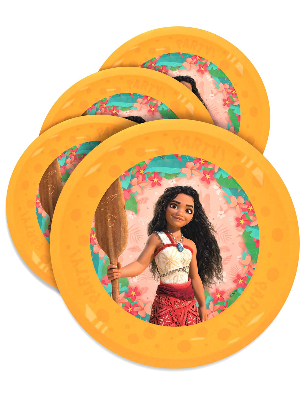 Assiettes réutilisables Vaiana 2 orange avec personnage et fleurs tropicales