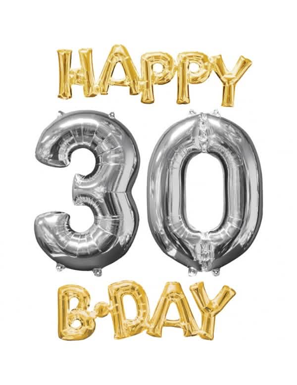 balões de alumínio Happy Bday 30 para aniversário dourado e prateado