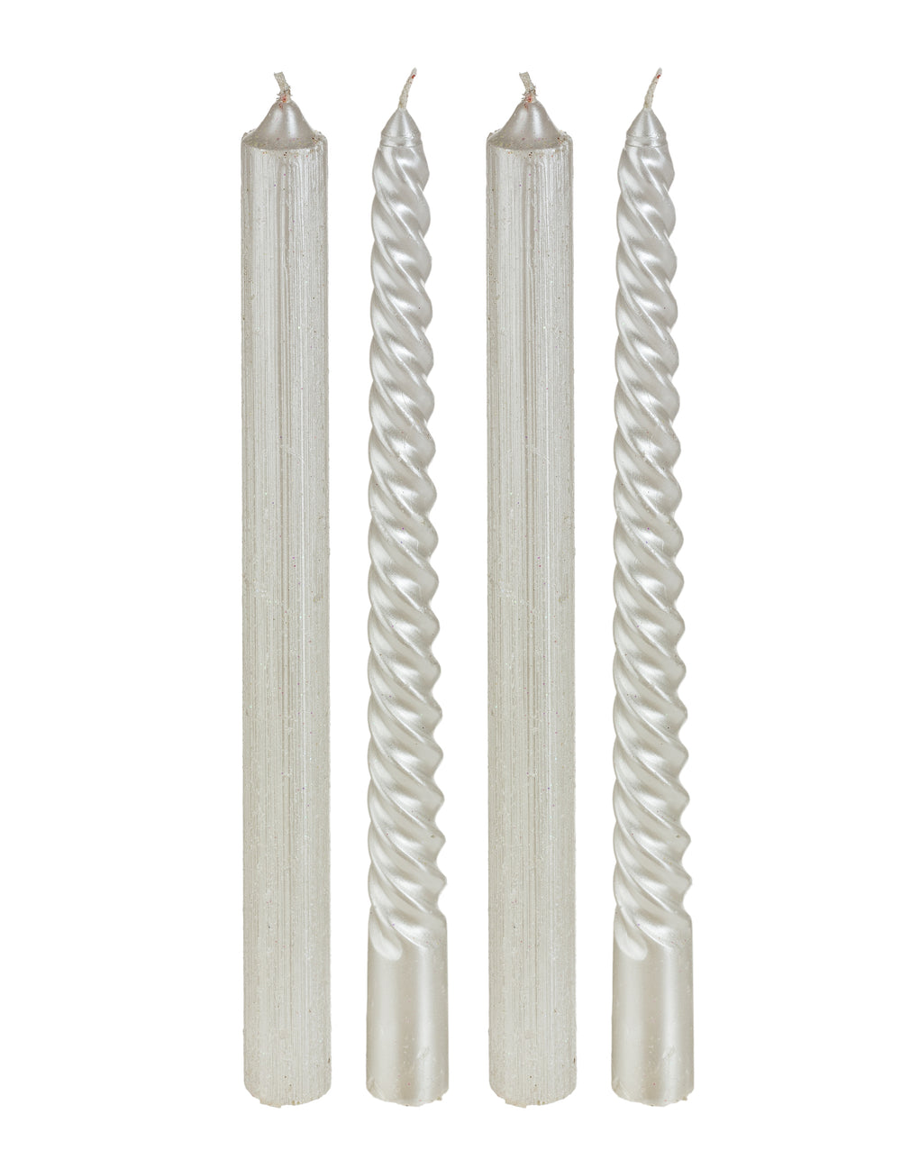 Lot de 4 bougies chandelles de fête pour décoration blanches et paillettes torsadées