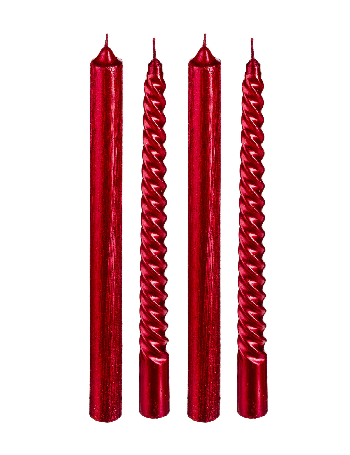 4 bougies chandelles rouges à paillettes dorées pour décoration de table lisses et torsadées