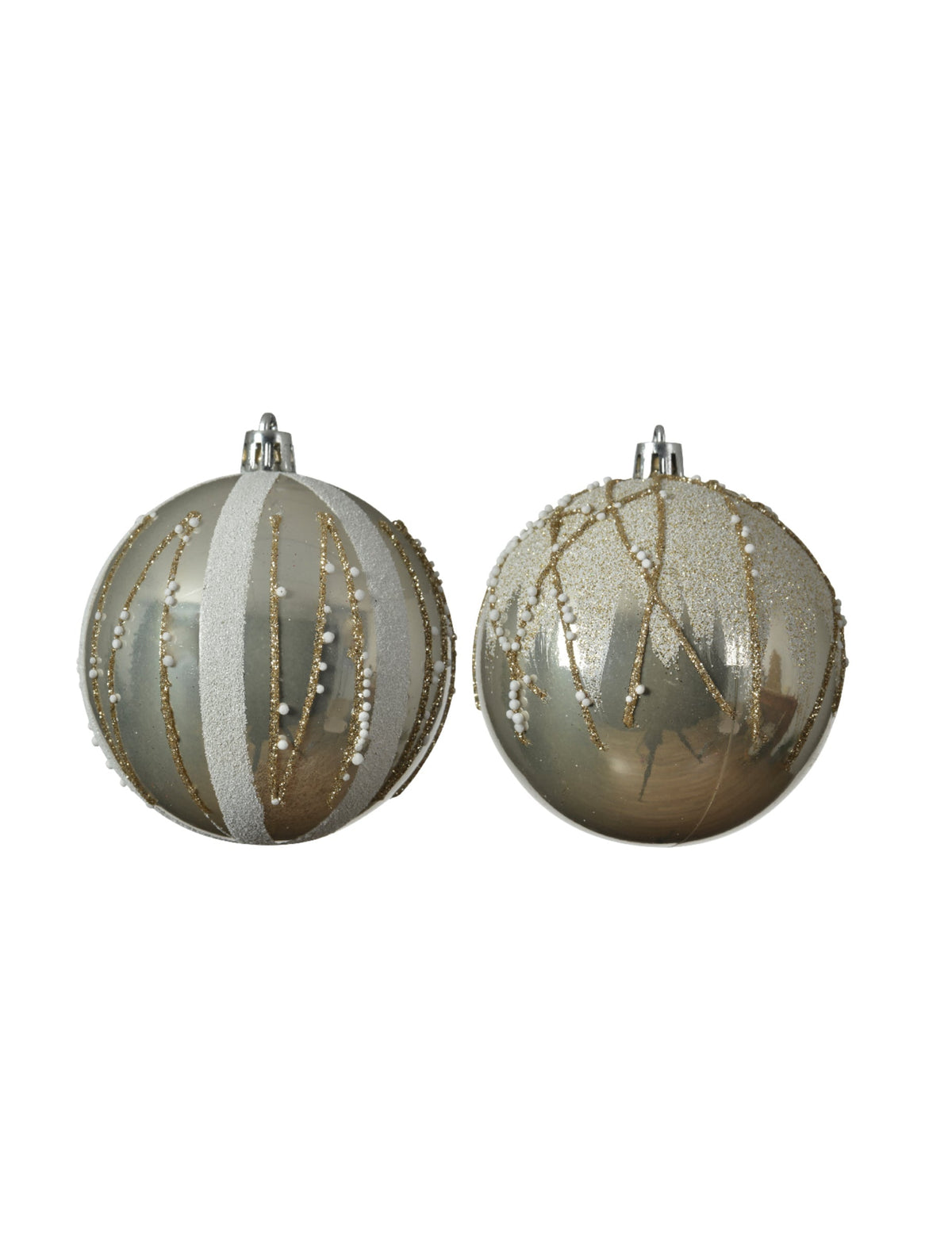 Boules de Noël chic et perles pour décoration blanc et or avec paillettes