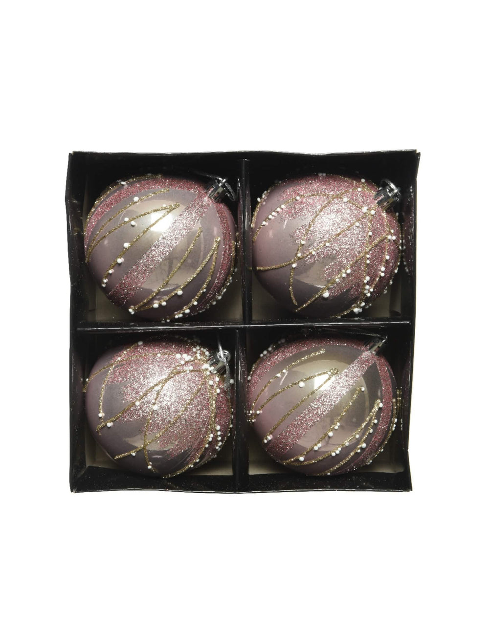 Vue dans leur boîte des boules de natal paillettes cor de rosa et dourado avec perles