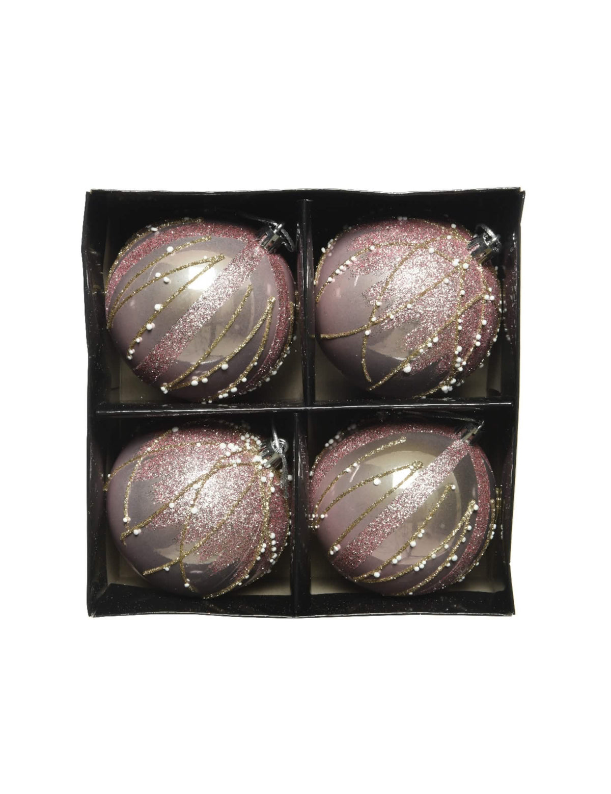 Vue dans leur boîte des boules de natal paillettes cor de rosa et dourado avec perles