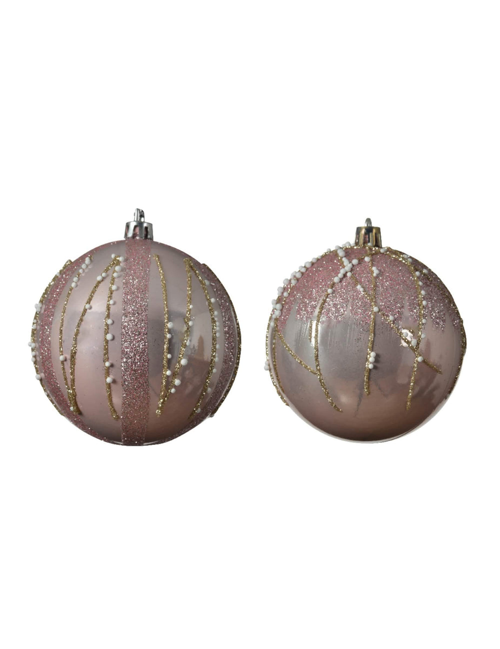 Bolas de natal com purpurinas cor de rosa e dourado com pérolas