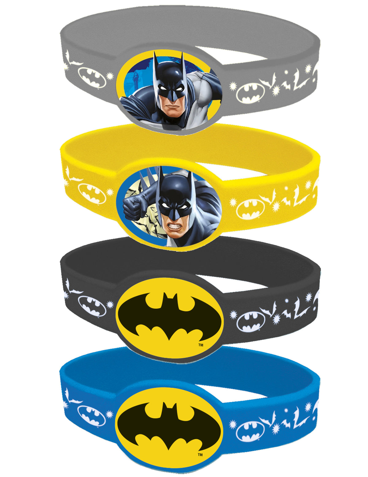 4 bracelets élastiques Batman pour enfant gris jaune noir et bleu avec motifs