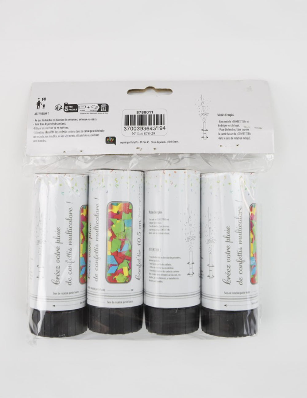 Vue de dos des 4 canons à confettis multicolores
