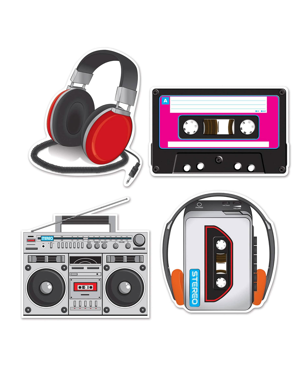 4 decorações de cartão anos 80 tema música para festa multicoloridas