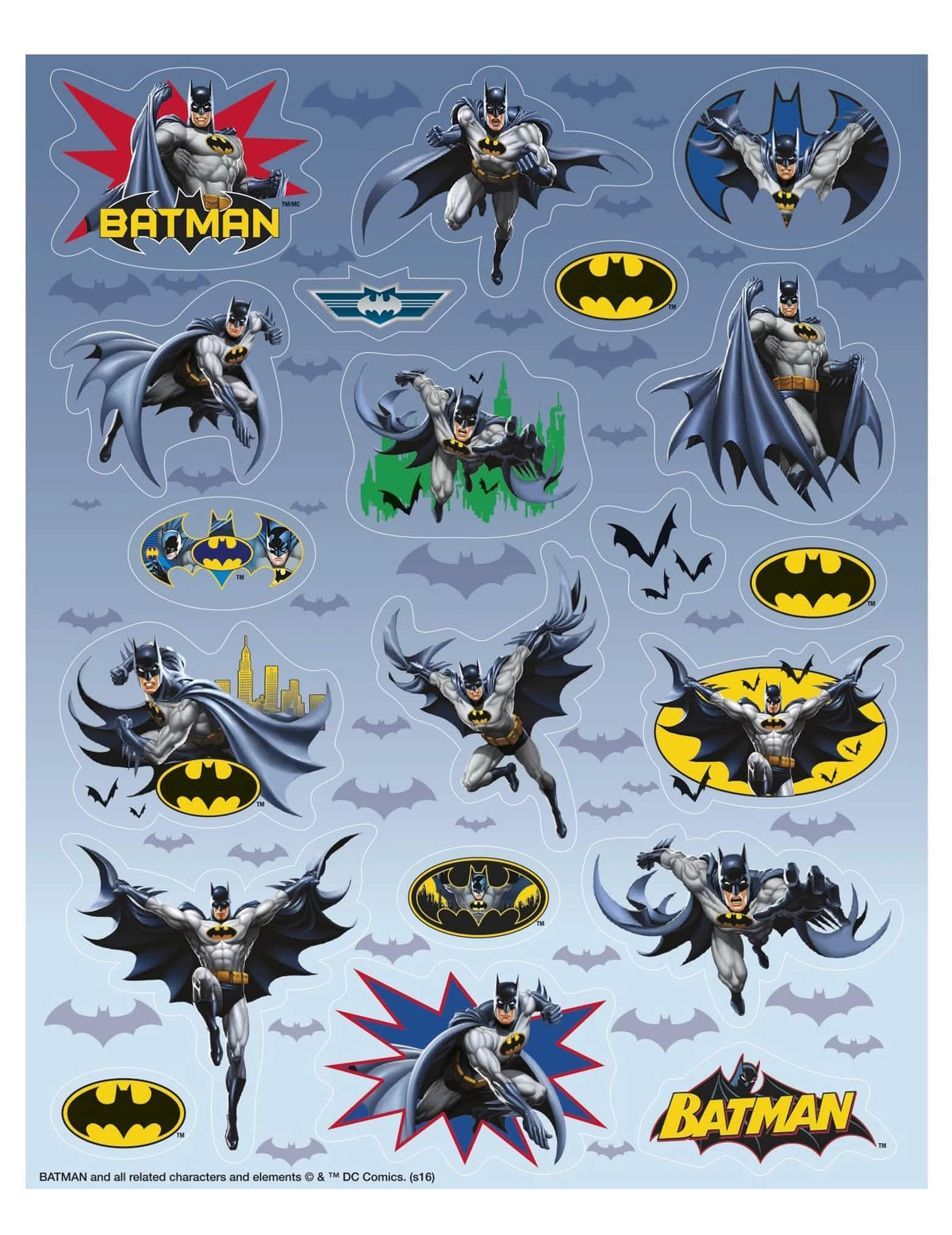 4 Folhas de autocolantes Batman para criança azuis e cinzentos com logótipos amarelos