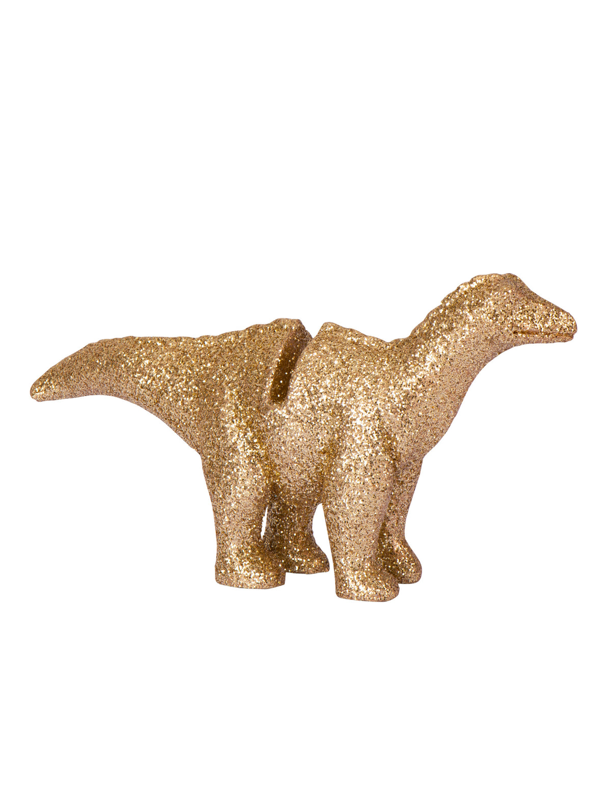 Gros plan sur les paillettes dorées du marque-place en résine dinosaure