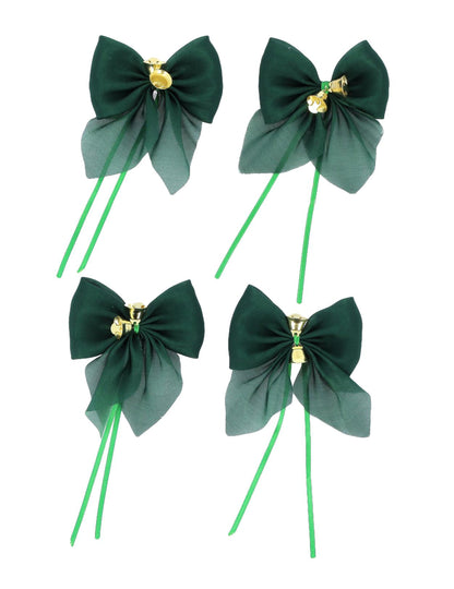 4 laços com guizos verde escuro e dourado 9 x 10 cm