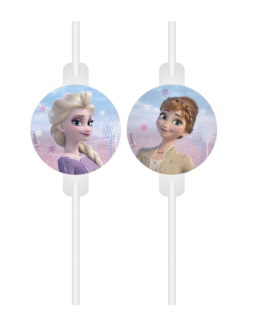4 pailles médaillon La Reine des Neiges pour enfant blanches avec Elsa et Anna