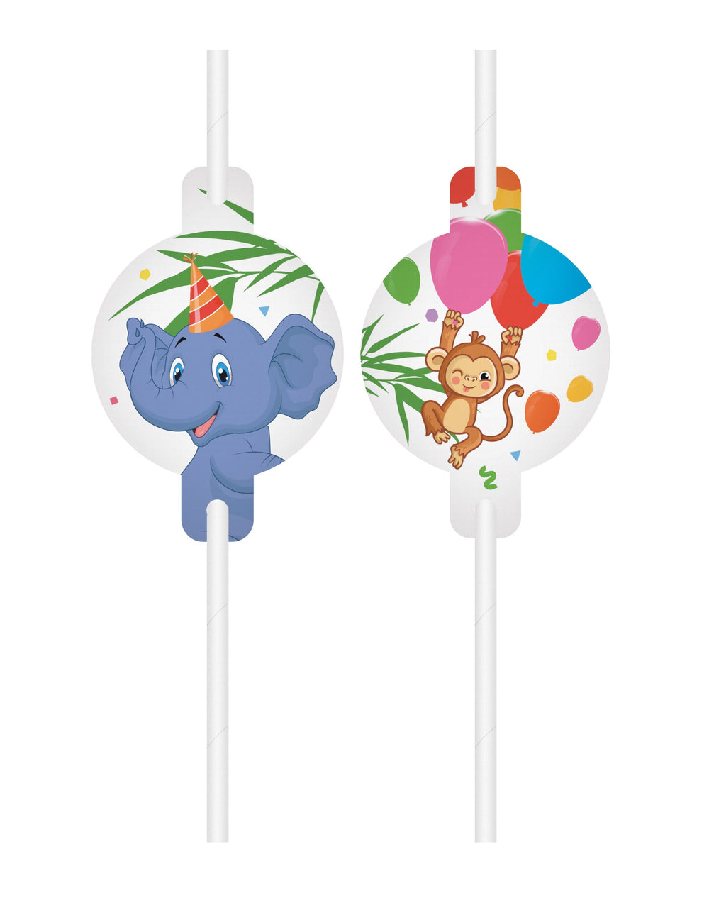 Pailles médaillon Jungle Balloons thème safari avec éléphant et singe multicolores