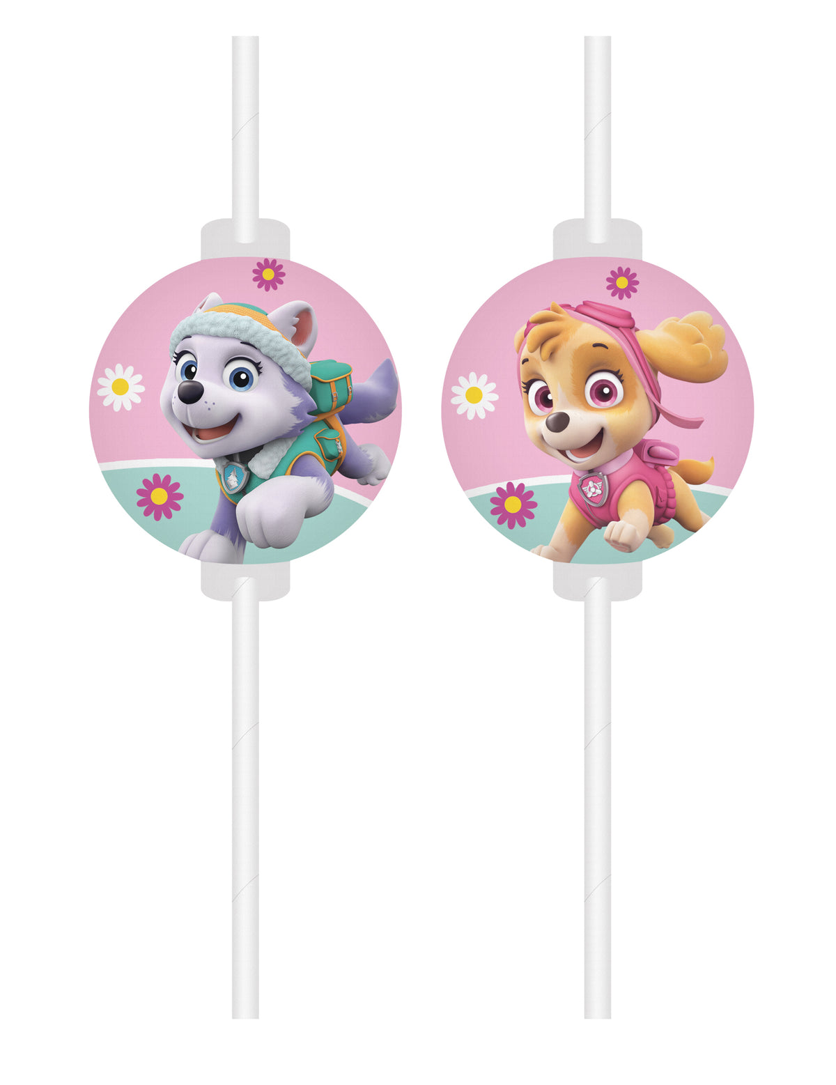 Pailles médaillon Pat' Patrouille Stella et Everest pour enfant roses et blanches