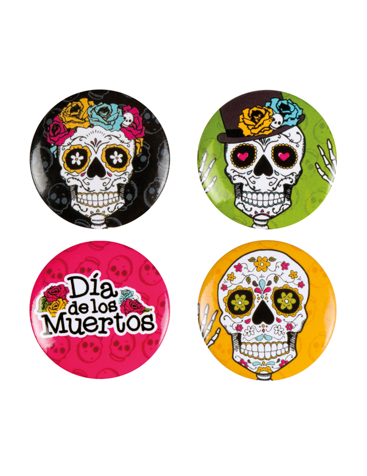 Lot de 4 badges Dia de los muertos pour adulte multicolores avec têtes de mort mexicaines