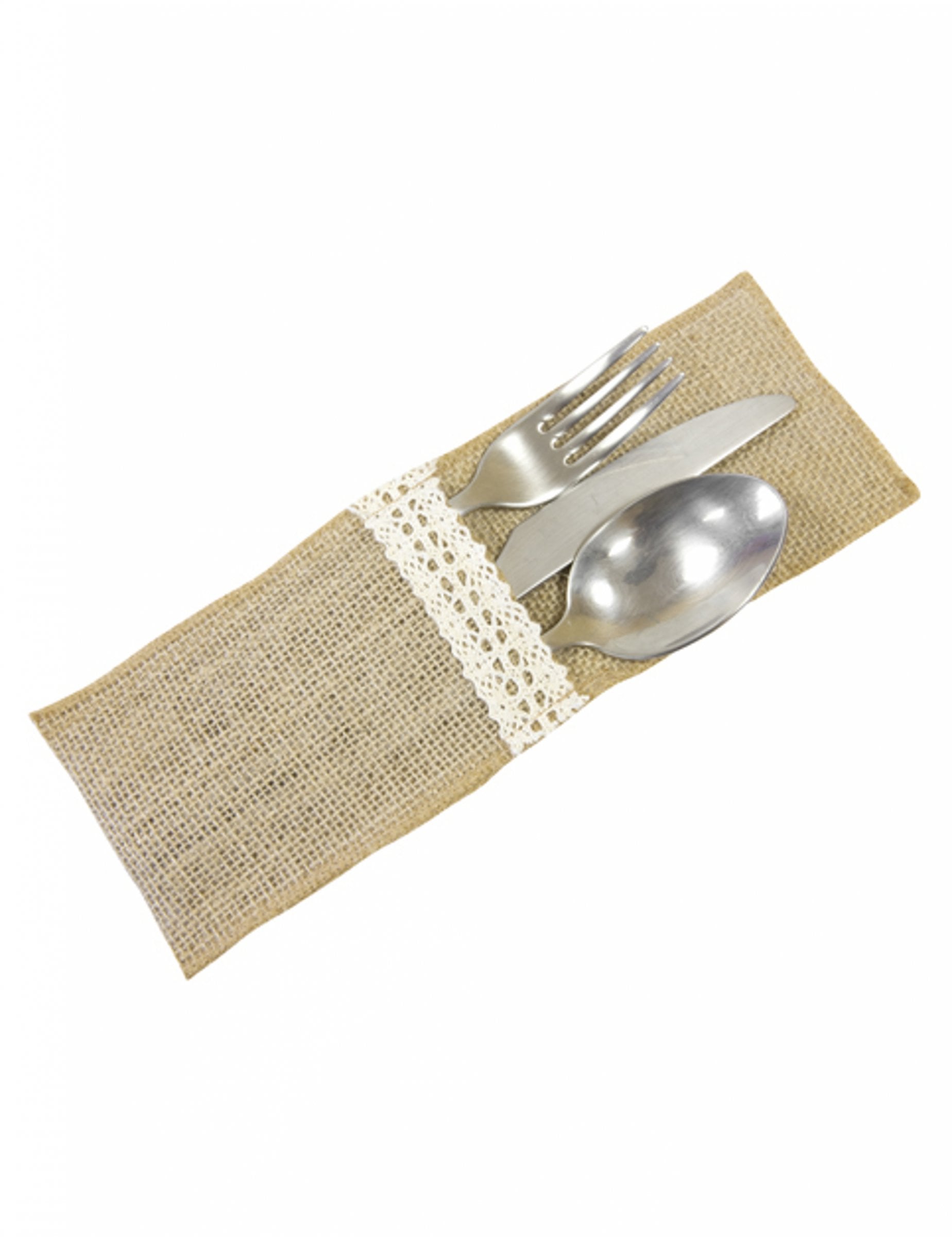 Porte-couverts effet jute et dentelle pour fête beige et blanc