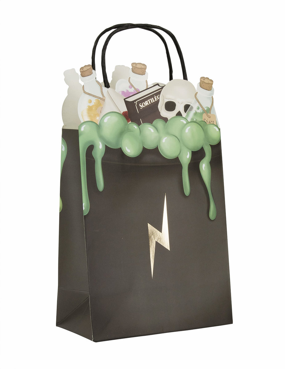 Sac cadeau en papier apprenti sorcier pour enfant noir avec bave verte et éclair doré