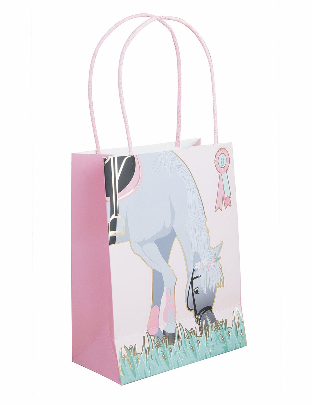Sac cadeau en papier cheval rose et blanc avec anses