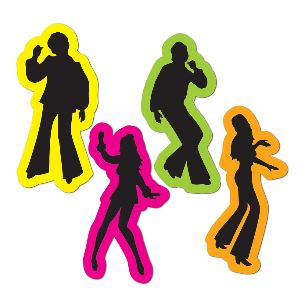 Silhouettes rétro disco années 70's pour fête 4 danseurs noirs avec contours multicolores