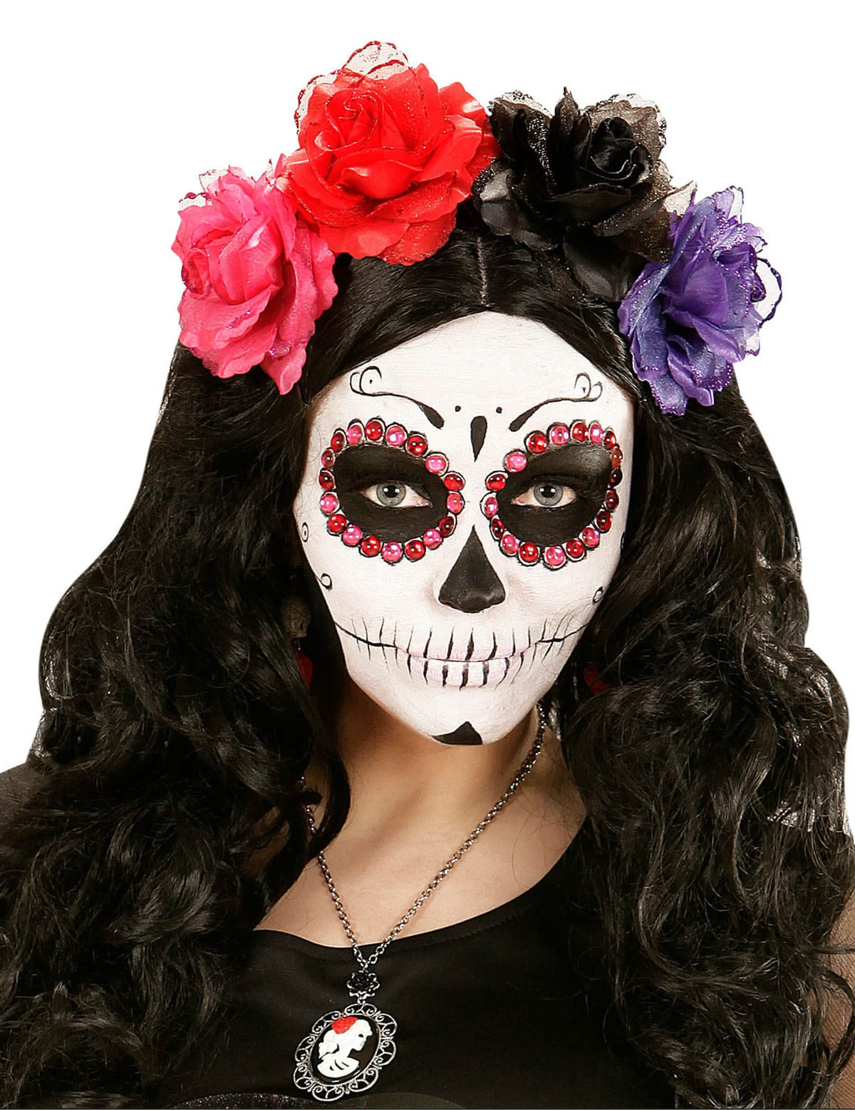 Strass Dia de los muertos para adulto rosas e vermelhos