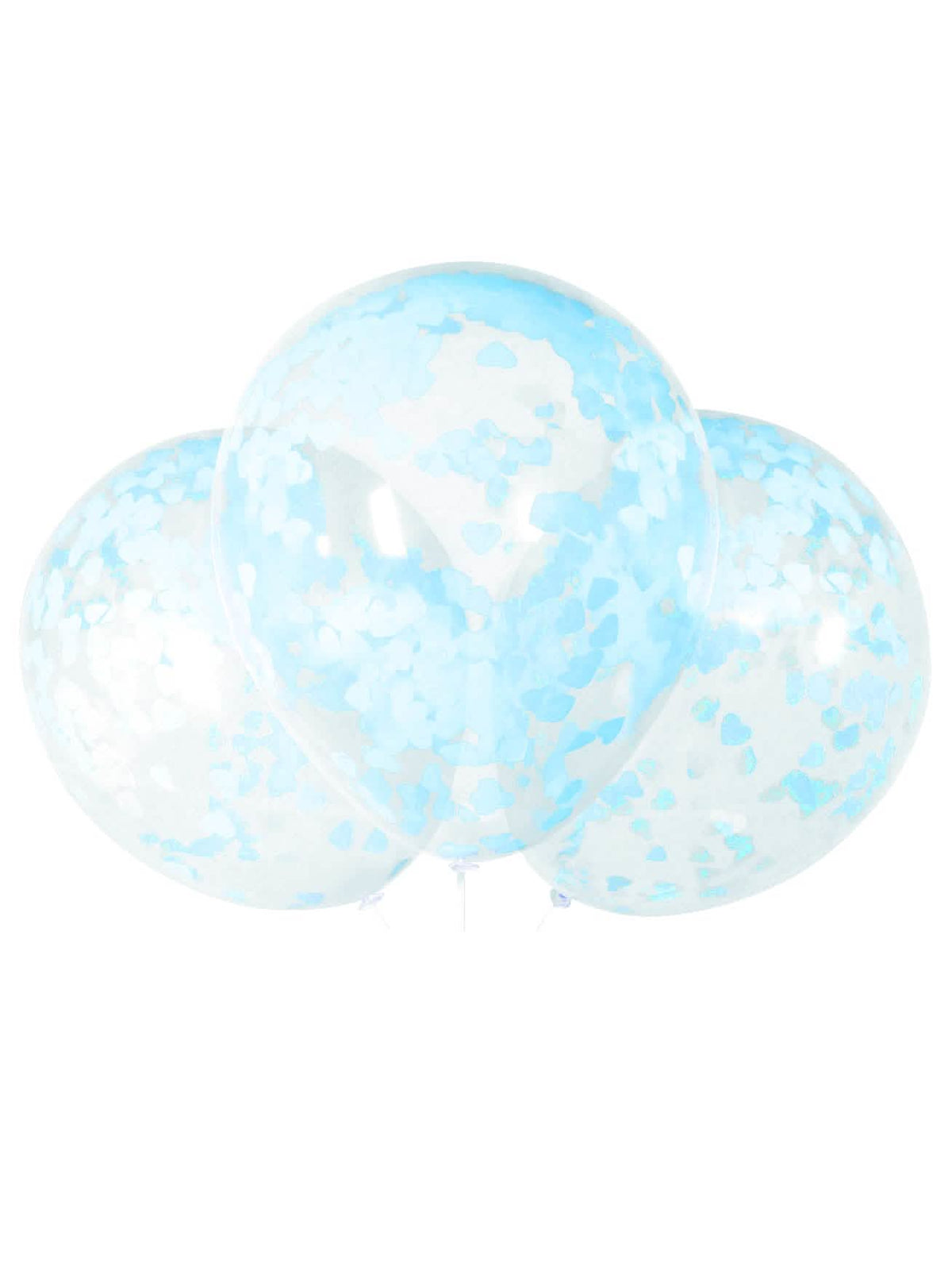 balões em látex transparentes confettis corações para baby shower azuis