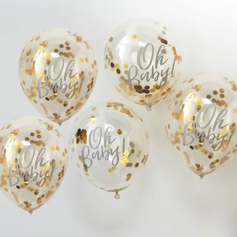 Vista geral do lote de 5 balões Oh Baby em látex transparentes com confettis dourados metalizados