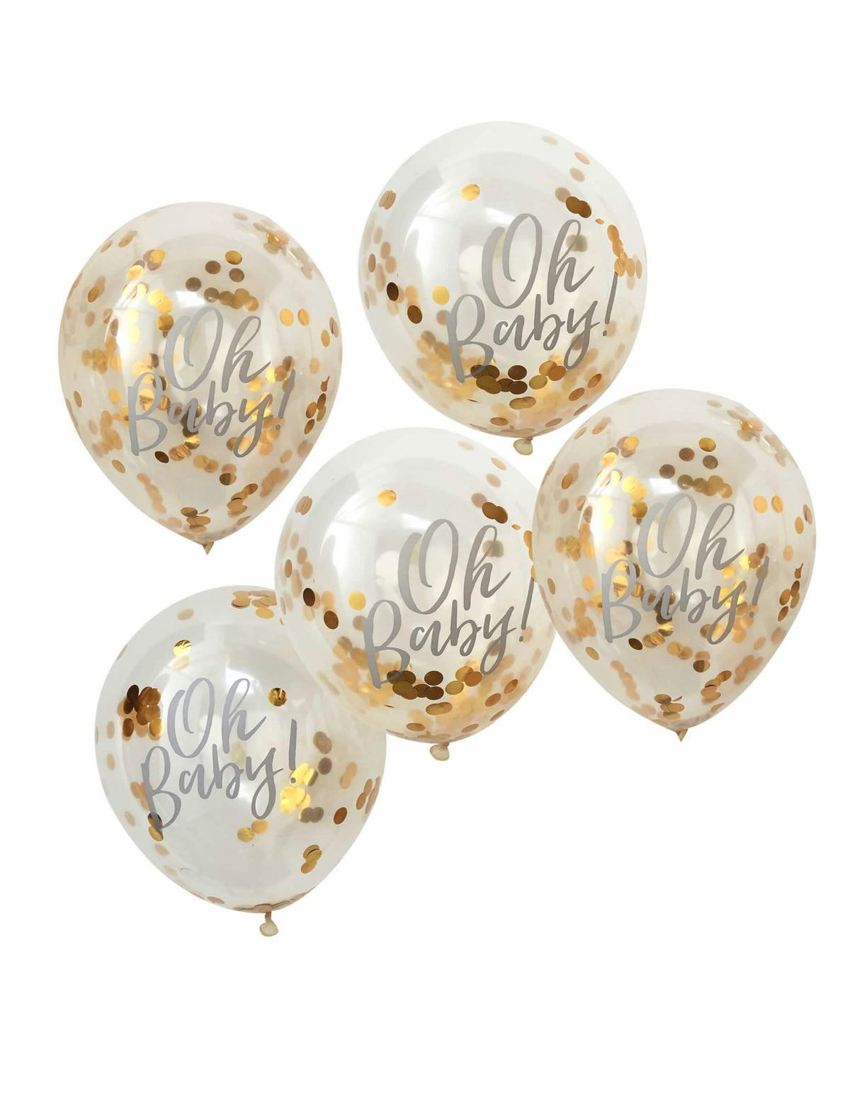 5 balões Oh Baby em latex transparentes com confettis dourados metalizados