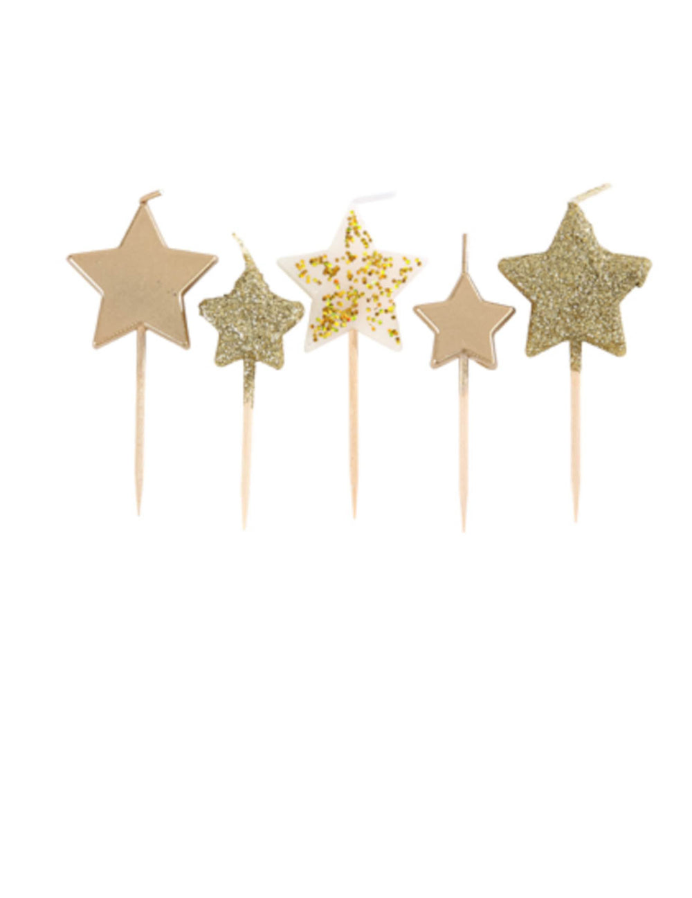 5 velas estrelas em espeto degradé dourado para festa com purpurinas