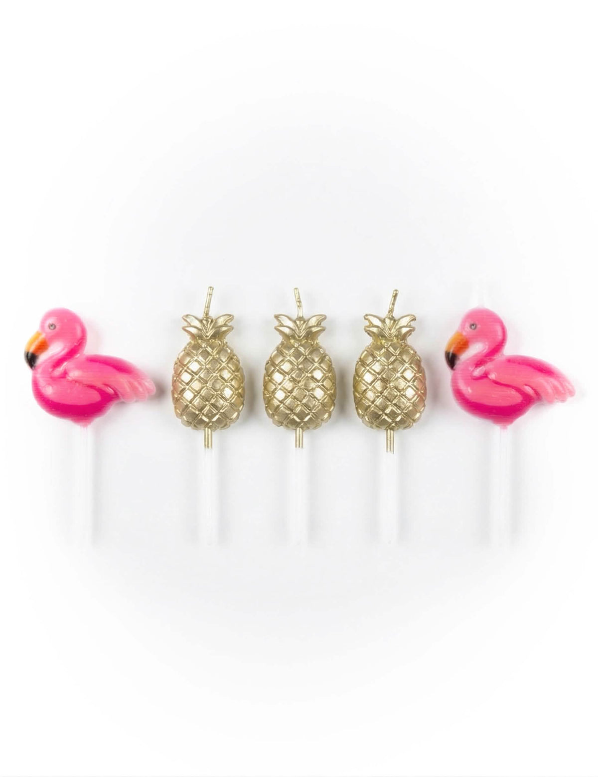 velas em palito flamingo e ananás para bolo cor de rosa e dourado
