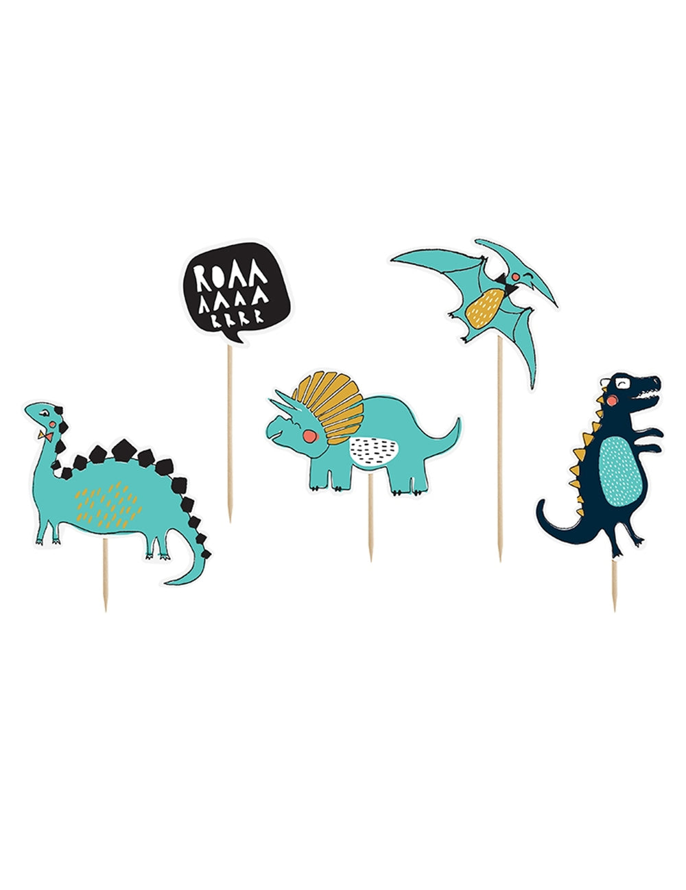 Cake toppers en carton dinosaures pour enfant bleus et jaunes avec bulle de cri