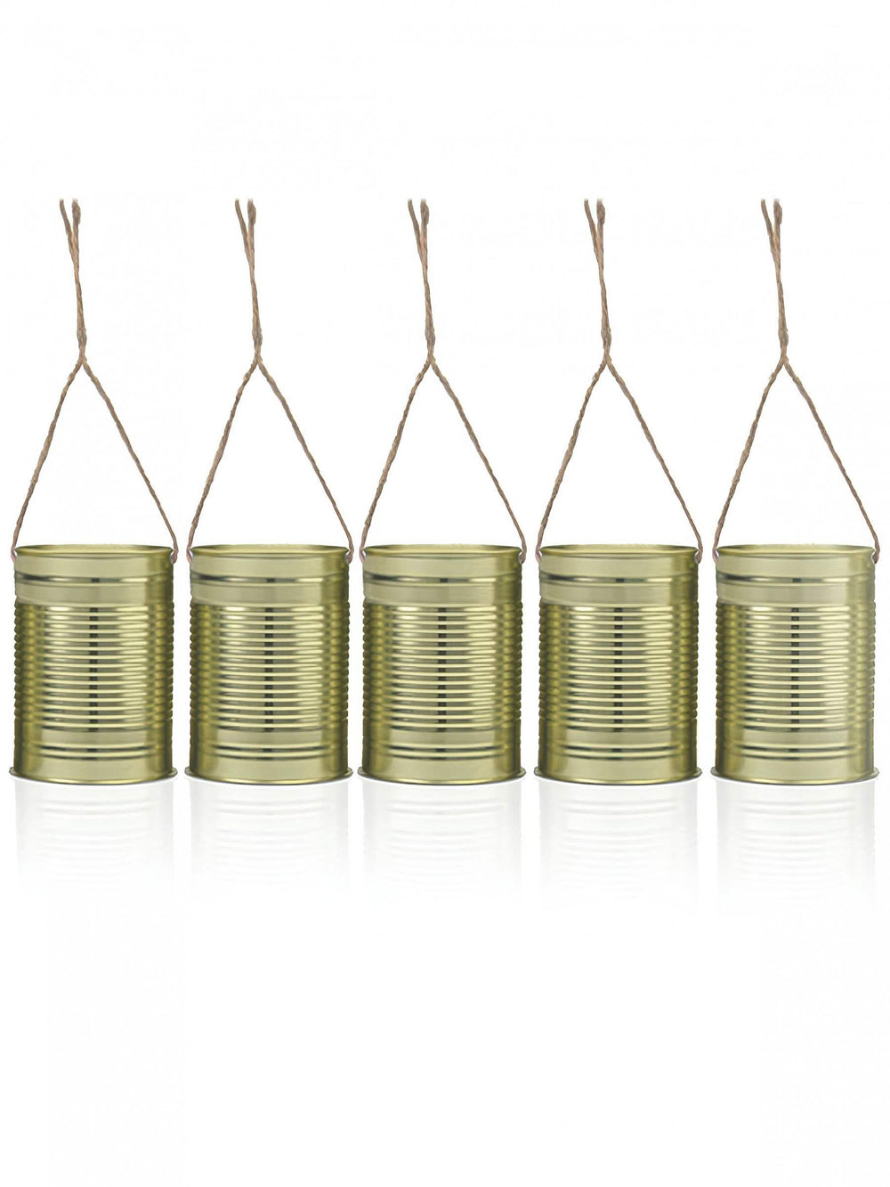 Decorações latas de conserva para pendurar com efeito campestre para festa douradas
