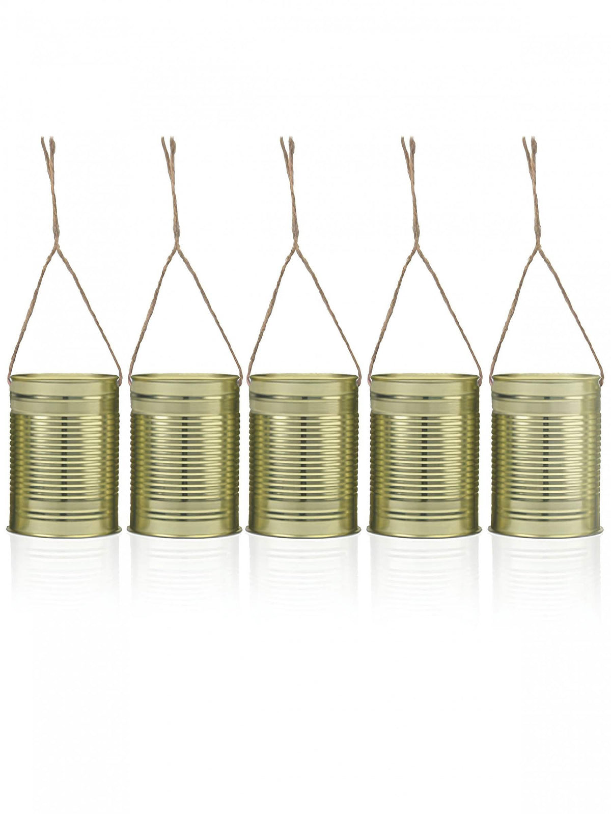 Decorações latas de conserva para pendurar com efeito campestre para festa douradas