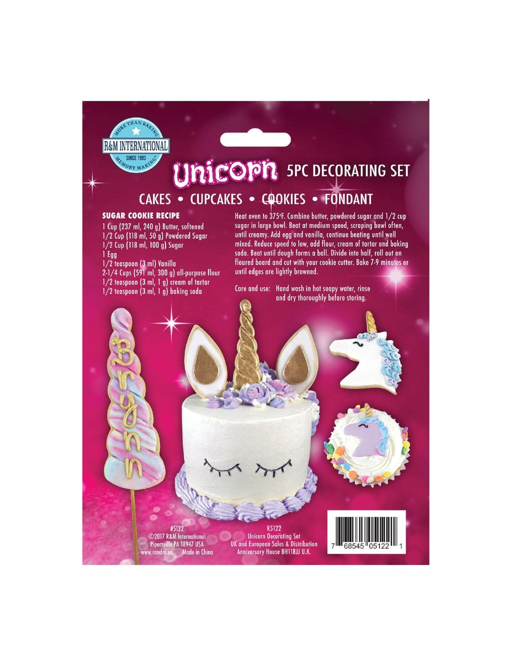 Dos de l'emballage et recettes des emporte-pièces licorne pour gâteau