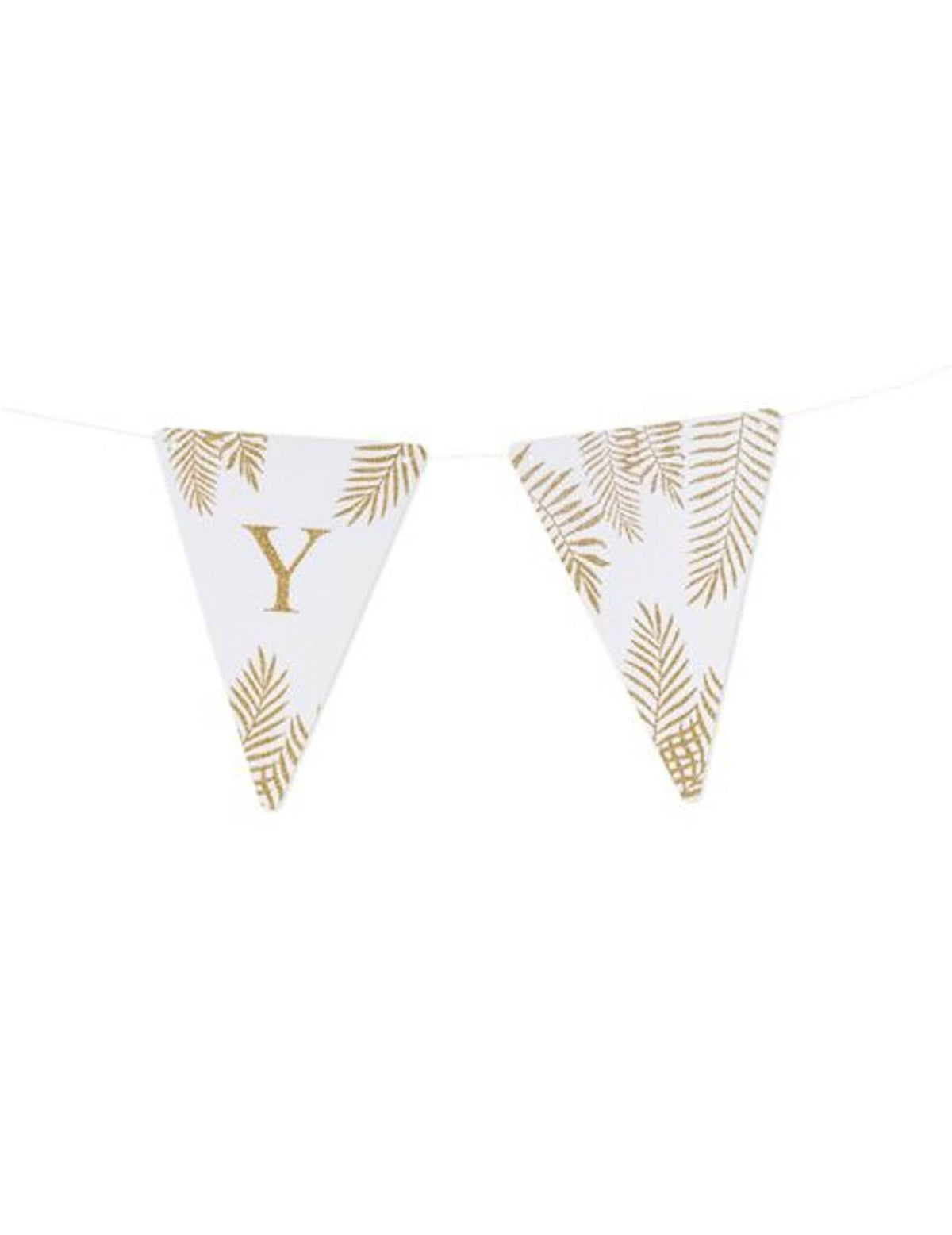 Detalhe da letra y e dos motivos dos galhardetes letras tema fetos branco e glitter dourado