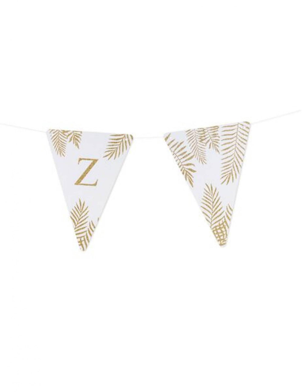 Detalhe da letra z e dos motivos dos pendões letras tema fetos branco e com paillettes douradas