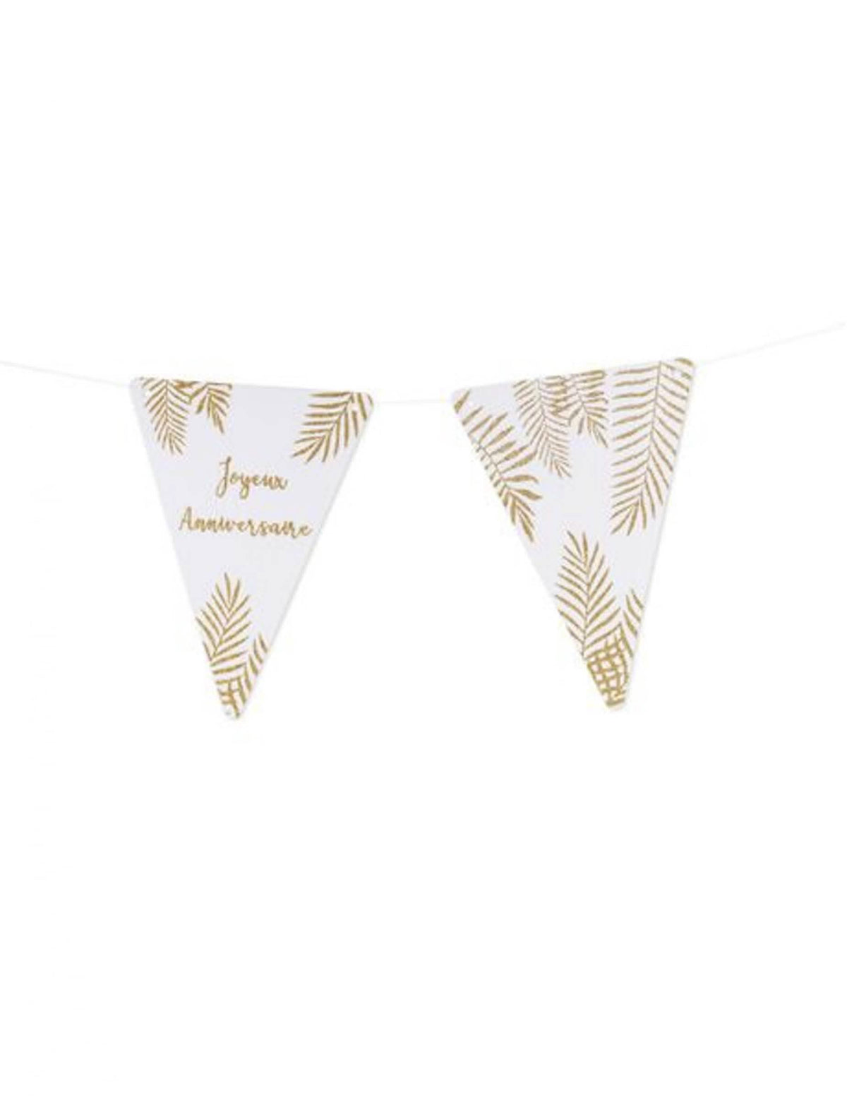 Detalhe da mensagem Feliz aniversário e dos motivos dos fanions letras tema fetos branco e lantejoulas douradas