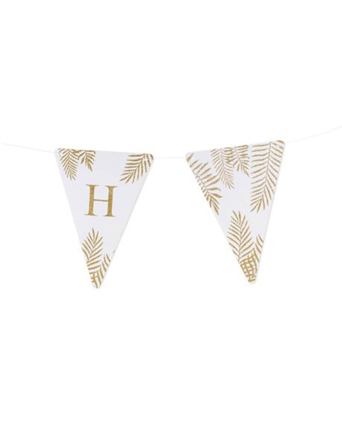 Detalhe da letra h e dos motivos dos pendões letras tema fetos branco e paillettes douradas