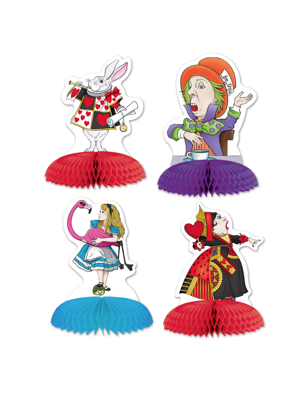 Mini centres de table Alice au pays imaginaire pour fête avec base en papier alvéolé multicolore